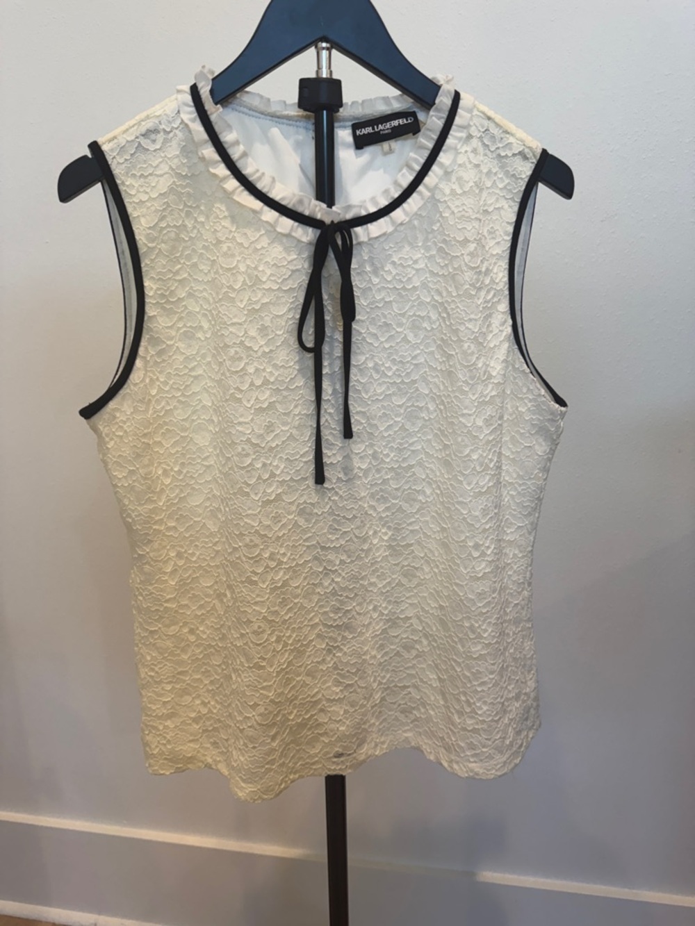 Karl Lagerfeld Ivory Lace Sleeveless Top with Black Trim